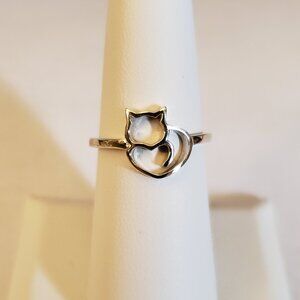 Cute Cat Kitty Kitten Heart 925 Sterling Silver Cutout Line Art Ring Band Dainty